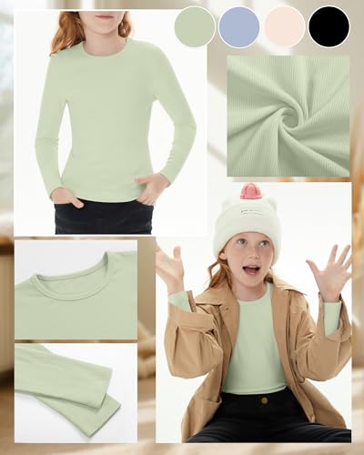 Image of 4 Pack Girls Long Sleeve Shirts Ribbed Knit Cotton Crewneck Tops Slim Fit Soft Casual Kids Base Layer Undershirts