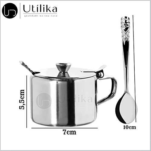 Açucareiro de Inox Com Tampa e Colher 7cm 200ml Lindo