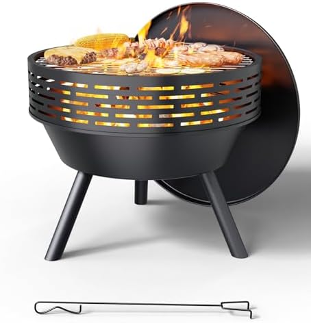 AOWALEN Wood-Burning Outdoor Fire Pit - Heavy Duty Firepits for Outside with Grill and Cover, 23 Inch Steel Fire Bowl for BBQ, Patio, Backyard, Porch