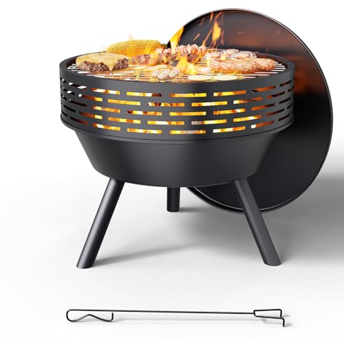 AOWALEN Wood-Burning Outdoor Fire Pit - Heavy Duty Firepits for Outside with Grill and Cover, 23 Inch Steel Fire Bowl for BBQ, Patio, Backyard, Porch