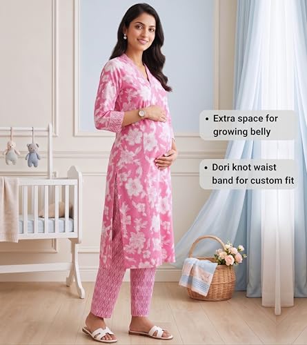 Image of DUMMY SHAPE Feeding Kurtis for Women Cotton Blend | Floral Kurta Pant Dupatta Set with Nursing Zippers to Pre & Post Partum | Maternity Dresses | Mom to Be Gifts for Pregnant Woman