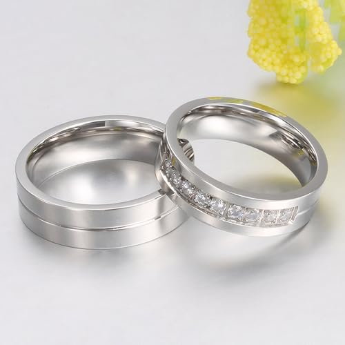 Couple Rings for Him and Her Stainless Steel Matching Promise Ring Princess Cut Bridal Wedding Engagement Bands Cubic Zirconia CZ Band for Women Men Lovers Bridal Jewelry Gifts, Women Size 7.54