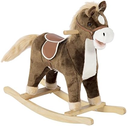 Kinbor Brown Wooden Rocking Horse Plush Toys Rocker with Sound for Kids Ages 2-3 Years, Birthday Gift