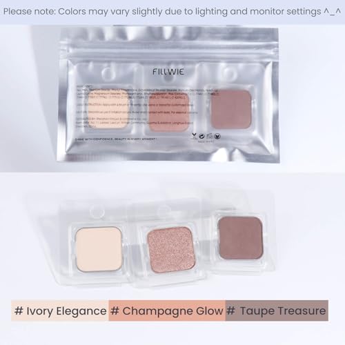 Fillwie 3-Color Magnetic Single Eyeshadow Set – Ivory, Champagne & Cool Brown, Matte & Shimmer, Highly Pigmented, Long-Lasting, Refill Pans, No Case, for Custom Magnetic Palettes