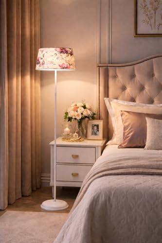 Image of tu casa White Metal-Iron Base Foldable Floor Lamps with Cobra Saffron Print & Satin Shade for Bedroom, Living Room, Lounge, Office Area, Gifting Without Bulb for Home Decoration (Height - 57 inch)