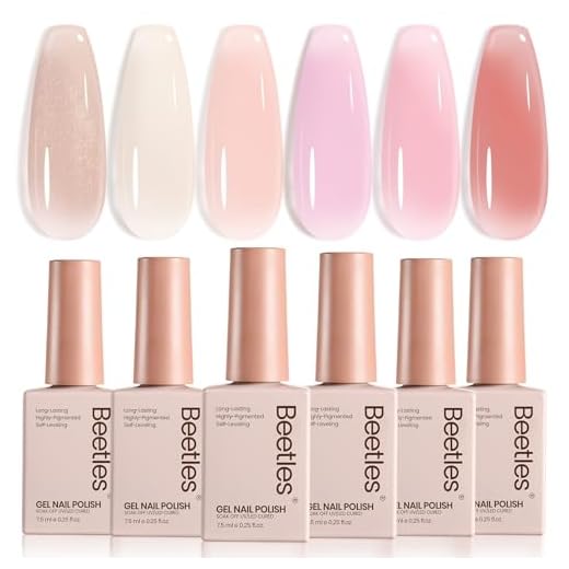 Beetles Conjunto de esmalte de gel Nude – Kit de esmalte de gel de gelatina rosa nude com 6 cores, brilho neutro, translúcido, gel transparente, absorvente, corretivo de unhas UV, presente de manicure