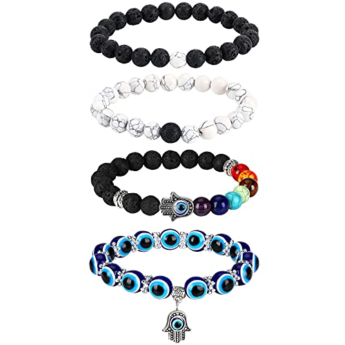 Hicarer 4 Pieces Evil Eye Bracelet Set Hamsa Charm Beaded Chakra Charm Stretch Bracelet for Women(Elegant Style)