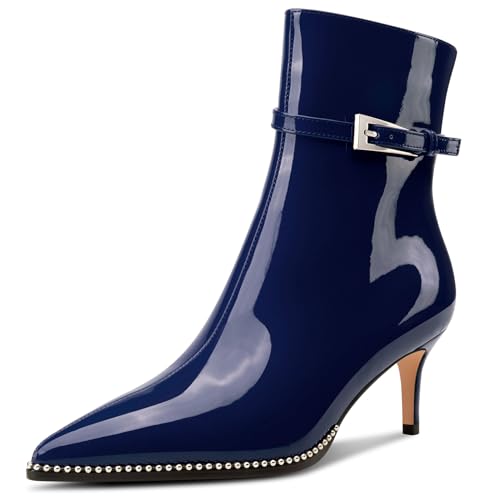 NobleOnly Mujer Medio Gatito Heel Cerrado el Dedo del pie Puntiaguada Punta Botines Cierre con Hebilla Cremallera Casual Botas 6.5 CM Heels Azul Marino 39 EU