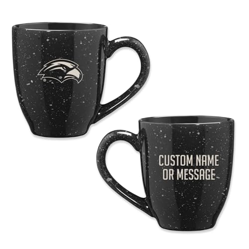 Image of Rico Industries NCAA Southern Mississippi Golden Eagles Black Personalized 16 oz Team Color Laser Engraved Speckled Ceramic Coffee Mug