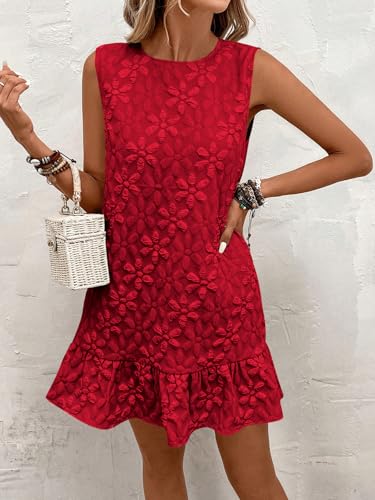 Image of SOLY HUX Women's Ruffle Hem Sleeveless Tank Dress Round Neck Casual Jacquard Hem Smock Summer Mini Dresses