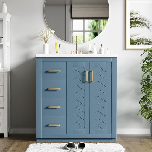 30 Inch Aqua Blue Bathroom Vanity with Sink & Gold Handles,Modern Bathroom Vanity Cabinet with Integrated Countertop,3 Left Drawers & 2 Soft Closing Doors,Solid Wood Frame,Herringbone Front