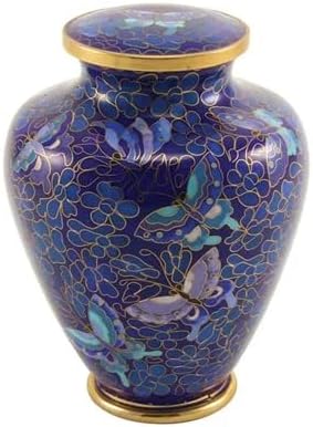 Cloisonne Butterfly Bronze Extra Small Memorial Urn for Ashes - Holds Up to 40 Cubic Inches of Ashes - Blue and Golden Bronze Extra Small Cremation Urns