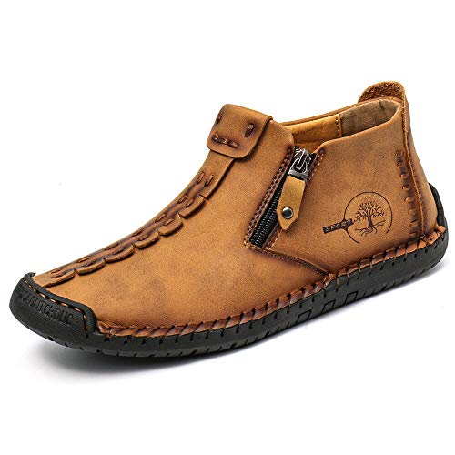 QINGCOMFACAI Mens Ankle Boots Leather Casual Loafers Shoes Slip On Fashion Hand Stitching Chukka Shoes Driving Outdoor Working Shoes