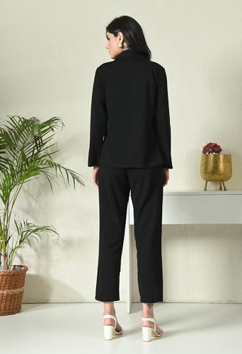 Image of Women's Lyocell Casual Solid Full Sleeve Collared Top and Pant Set with Blazer | Western Set for Women