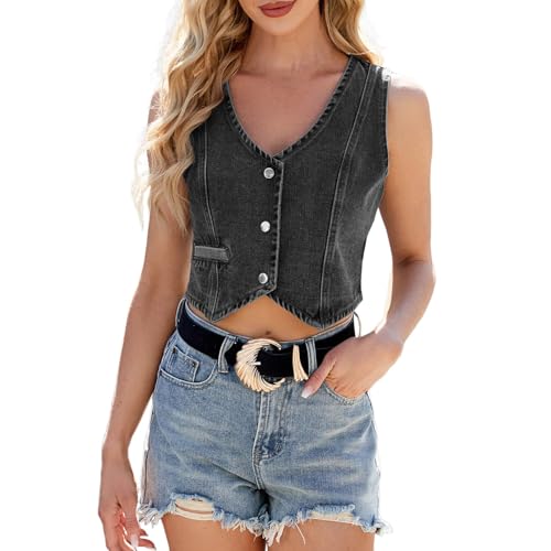 Generisch Chaleco vaquero para mujer, cuello de pico, sin mangas, con botones, con cintura ajustada, informal, chaqueta vaquera, estilo occidental, verano, moderno, Y2K, ropa de calle, gris oscuro, S
