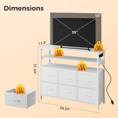 Image of NEWBULIG Dresser TV Stand with 6 Fabric Drawers and 2 Shelves, TV Media Console Table for Up to 45 inch, Entertainment Center with Charging Station for Living Room Bedroom, White