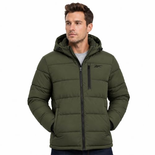 Image of Reebok Mens Quilted Puffer Jacket, Weather Resistant Hooded Winter Coat