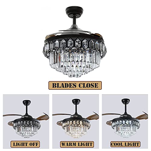 Fandian 42 Inch Modern Crystal Ceiling Fan With Lights Black Retractable Fandelier Remote Control Fixtures, 3 Color Changes Luxury Lighting For Dining Room thumb #2