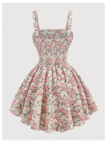 SHENHE Girl's Floral Bow Ruched Corset Dress Smocked Flowy Fit and Flare Boho Sundress2