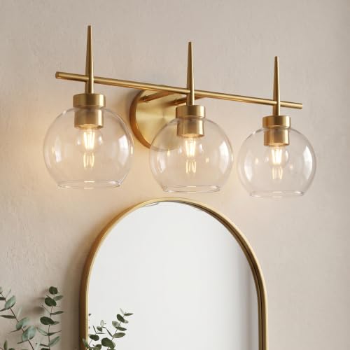 Tribesigns Bathroom Light Fixtures, 3-Light Bathroom Vanity Lights Over Mirror with Clear Glass Shade, Modern Brushed Gold Wall Sconces, Damp-Rated, E26 Base by Tribesigns - Used condition - Image 6