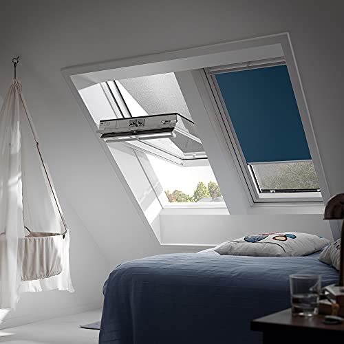 Original VELUX Vorteils-Set ( Verdunkelungs-Rollo + Hitzeschutz-Markise ) für GGL GHL GTL GPL GXL M06 + 306 und GGU GHU GTU GPU GXU M06 in Stofffarbe 1100 Dunkelblau - Markise in 5060 schwarz, Seitenschienen in Silber / DOP M06 1100S