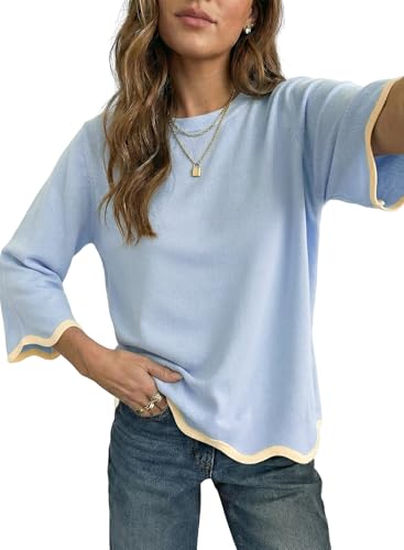Dokotoo Womens Sweaters Crewneck 3/4 Sleeve Wool Sweaters Color Block Ruffle Hem Fashion Clothing Quiet Luxury Clothes Spring Summer 2026 Fall Fashion Lightweight Soft Comfort Ladies Tops Beau Blue