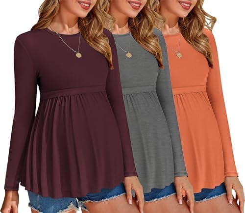 Camisas de maternidad, paquete de 3 camisetas plisadas de manga larga, ropa de embarazo | Túnica informal, ropa de moda para embarazadas, ropa informal de invierno, sensación suave y agradable para la piel