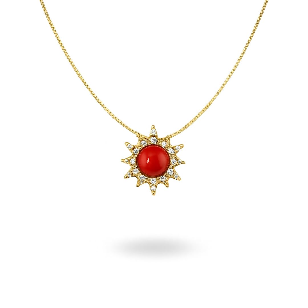 Catenina veneziana in argento 925 dorato ciondolo pendente sole con corallo rosso naturale argento e zirconi bianchi incastonati gioiello unico artigianale made in italy