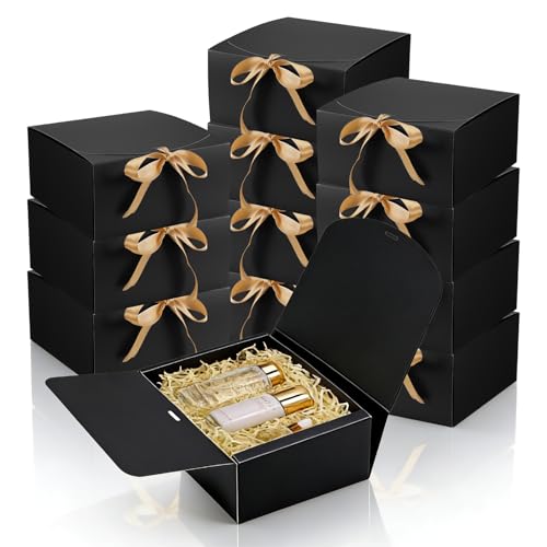 JIANTA 12 Cajas de Regalo Grandes con Tapa, Embalaje de Regalo Negro con Lazo 20 x 20 x 10 cm, Cartón de Regalo de Papel Kraft para Bodas, Cumpleaños, Navidad, Fiestas