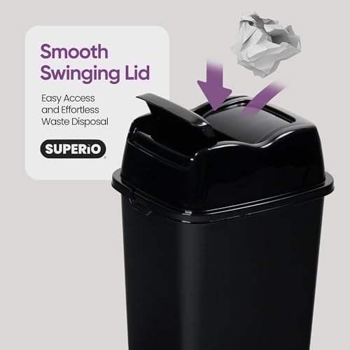 Superio Garbage Can with Swing Top-Split Lid | Large Kitchen Trash Can with Lid | Durable Plastic |Slim & Sturdy Trash Bin | Fingerprint Resistant | 9 Gallon / 35 L –Black