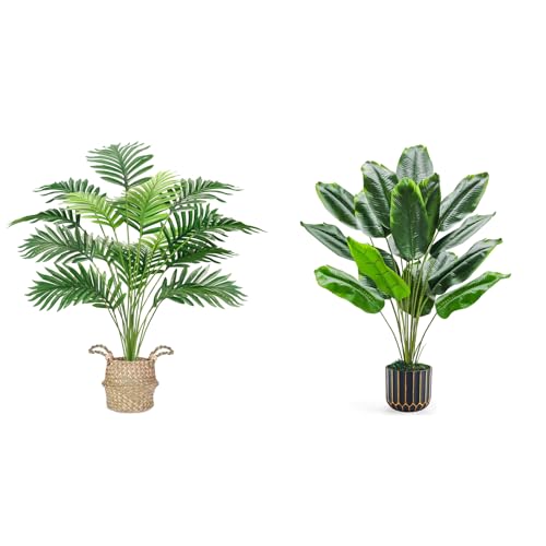Der Rose Bundle of Fake Palm Tree 28Inch Tall and 28" Tall Bird of Paradise Artificial Plants for Indoor Outdoor Home Office Bedroom Porch Balcony Decor