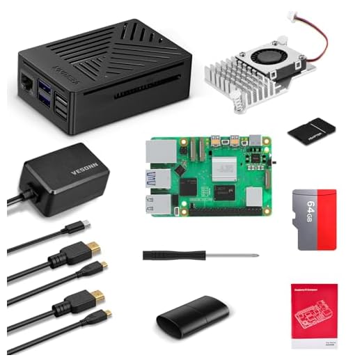 Vesonn Raspberry Pi 5 16 Go Kit de démarrage avec carte 64 Go Boîtier Raspberry Pi 5 avec refroidisseur actif Bloc d'alimentation GaN 5,1 V 5 A de type C 2 câbles de sortie HD Lecteur de carte Adaptat