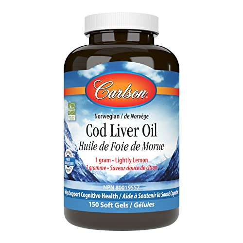 Carlson - Cod Liver Oil Gems 460 mg Omega-3s + Vitamins A & D3 Wild-Caught Norwegian Arctic Cod-Liver Oil Sustainably Sourced Nordic Fish Oil Capsules Lemon 150 Soft Gels
