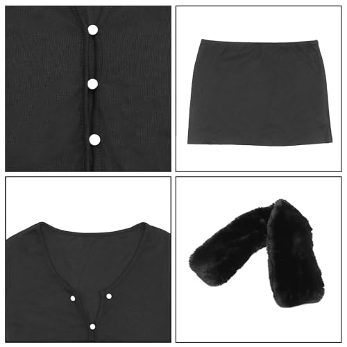 Image of Women Sexy 2 Piece Outfits Rave Tie-up Feather Trim Fur Long Sleeve Cardigan Deep V Blouse