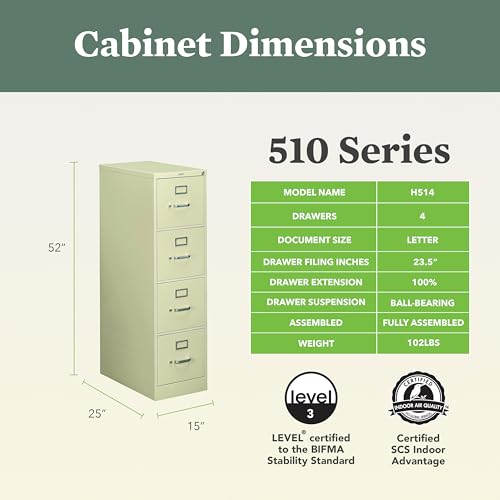 Image of HON 4 Drawer Vertical File Cabinet with Lock, Metal Filing Cabinets with 4-Drawer Letter File for Offices and Hanging Files, 25 inch Deep, Putty