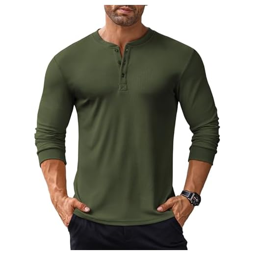 COOFANDY Henley Pull Homme Manches Longues Bouton Tricot Pulls Bouton Solide T-Shirt Pull d'hiver Doux et Confortable Vert Militaire M