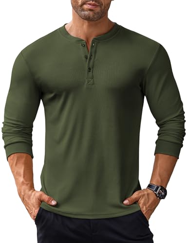 COOFANDY Langarmshirt Herren Henley Shirt Longsleeve T Shirt mit Knopfleiste Langarm Shirts Casual Long Sleeve Shirts Henley Pullover Armeegrün L