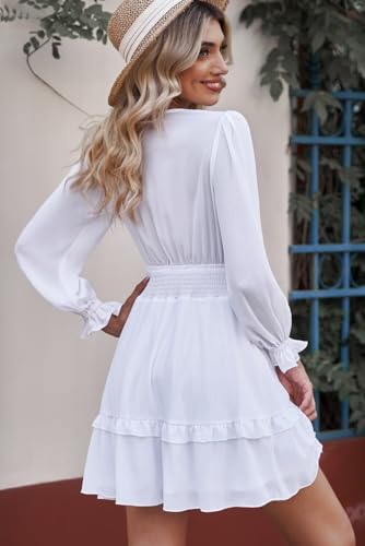 Image of Dokotoo Womens Casual Spring Fall 2025 Deep V Neck Knotted Tiered Chiffon Elegant Mini Short Swing Skater Dresses