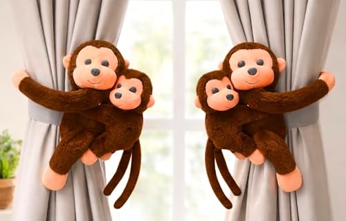Image of Tickles 2 Pcs Monkey Mother Baby Soft Plush Toy Curtain Tiebacks Holder Clip for Children Living Room Decoration Accessories Window Curtain Decoration (Size: 30 cm Color: Coffee)
