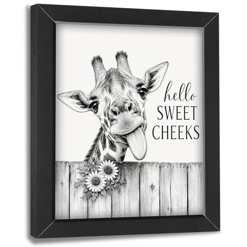 Funny Bathroom Wall Art Framed Giraffe Bathroom Decor, Black and White Animal Canvas Print Picture Farmhouse Toilet Signs for Home Restroom, Black, 12"x16"