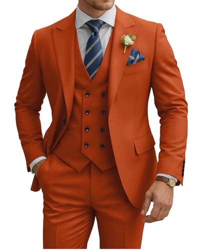 TIJOFA 3 Piece Suit Men Slim Fit Double Breasted Suit for Men Wedding Suits Classic One Button Formal Prom Dinner Tuxedo Rusty Orange L