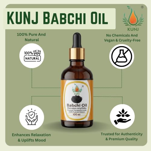 Image of KUNJ Babchi Oil 100ml - 100% Pure & Natural Cold Pressed Undiluted Babchi Oil for Skin, Face, Hair & Scalp Care | Supports Natural Glow, Smooth-Looking Skin & Hair Nourishment