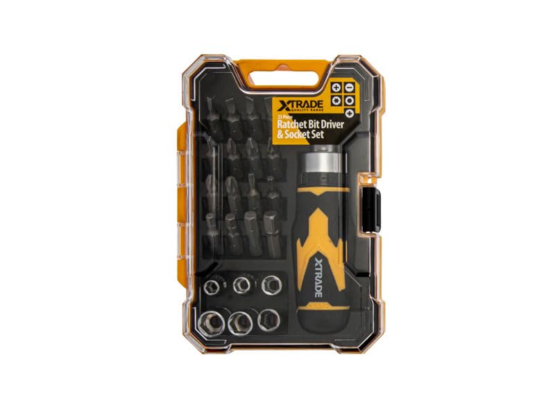 XTrade X0900076 23 Piece Ratchet Bit Driver & Socket Set S2 Steel Comfortable Ratcheting Driver Handle in A Durable Storage Case