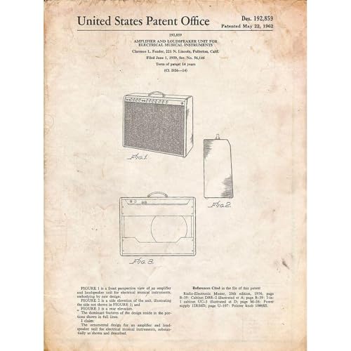 ArtDirect PP405-Vintage Parchment Fender 1962 Pro Amp Patent Poster Unframed Art Print Giclee Poster by Borders, Cole - Customization Sizes 8x10, 11x14, 15x20, 24x32, 36x48, and 45x60 Inches