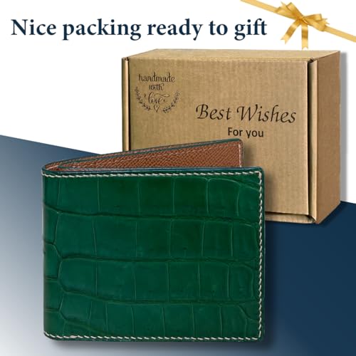 Image of HATA Green Bifold Leather Wallet for Men, Slim Minimalist Exotic Wallet, Hand-Stitched RFID Blocking Leather Wallets, Handmade Gift for Birthday, Anniversary, Father's Day VINAM-87