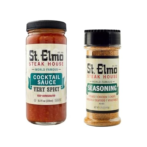 St. Elmo Shrimp Cocktail Sauce (8 Fl Oz) and Seasoning (5.75 Oz) Bundle, Flavorful Combo for Steaks, Burgers, Chicken, Seafood, and More, World Famous Cover