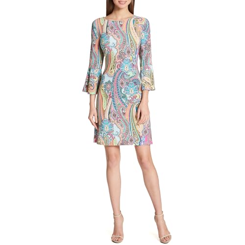 Image of Tommy Hilfiger Women's 3 /4 Bell Sleeve Jewel Neck Sheath Mini Dress
