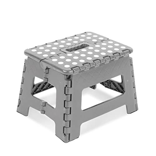 KEPLIN 9 Inch Heavy Duty Folding Step Stool | Non-Slip Foldable Footstool for Toddlers, Children & Adults | Portable, Lightweight Plastic Footstep w/Carrying Handle for Indoor or Outdoor (Grey)
