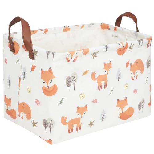 Image of FXOCSHE Rectangle Fox Basket,Collapsible canvas waterproof storage basket,Toy Organizer,Laundry Baskets for Kid Rooms,Baby Room decor,Toy Baskets,Woodland Nursery Decor(Fox)