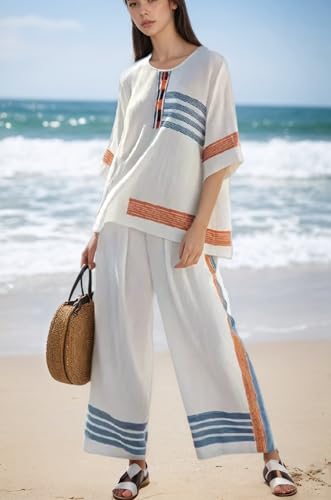Women's Linen Striped 2 Piece Sets Summer Oversized Loose Half Sleeve Tops Tshirt and Wide Leg Pants Fashion Outfits2